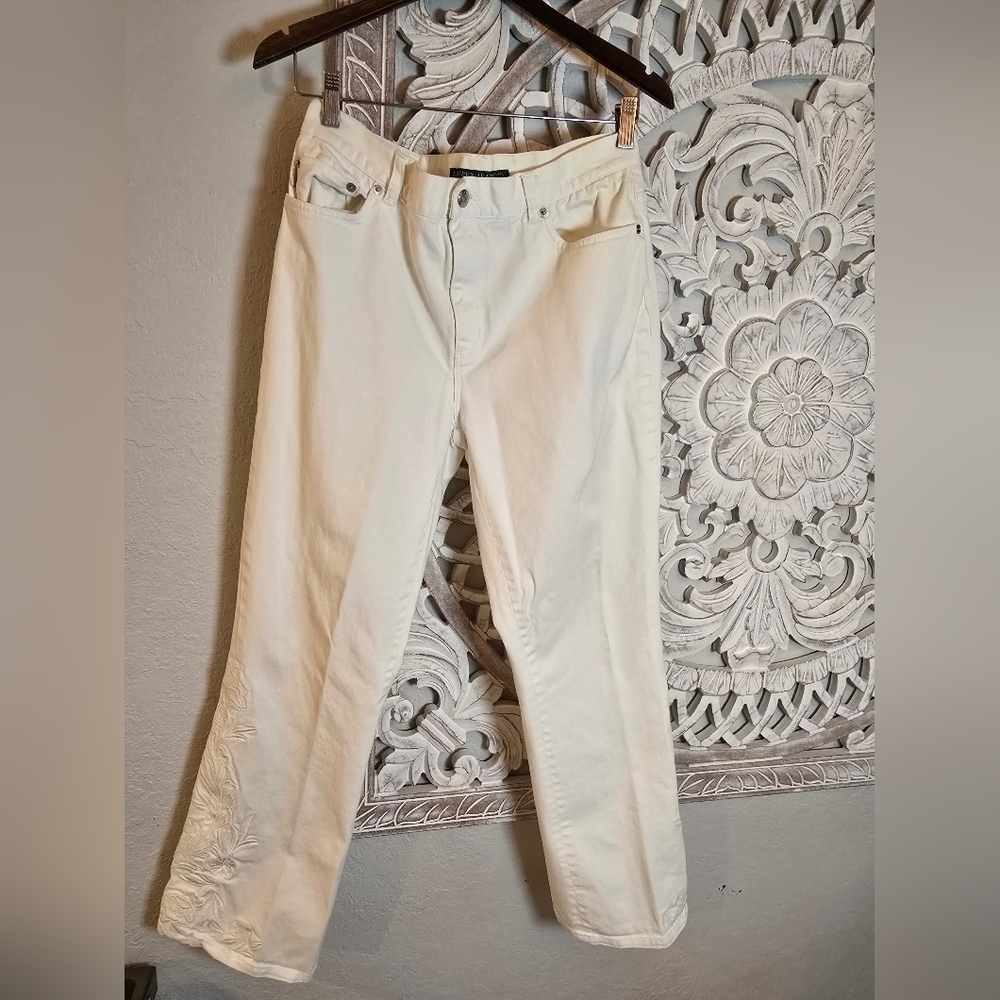 Lauren Ralph Lauren Cream Embroidered Wide-Leg Jeans
